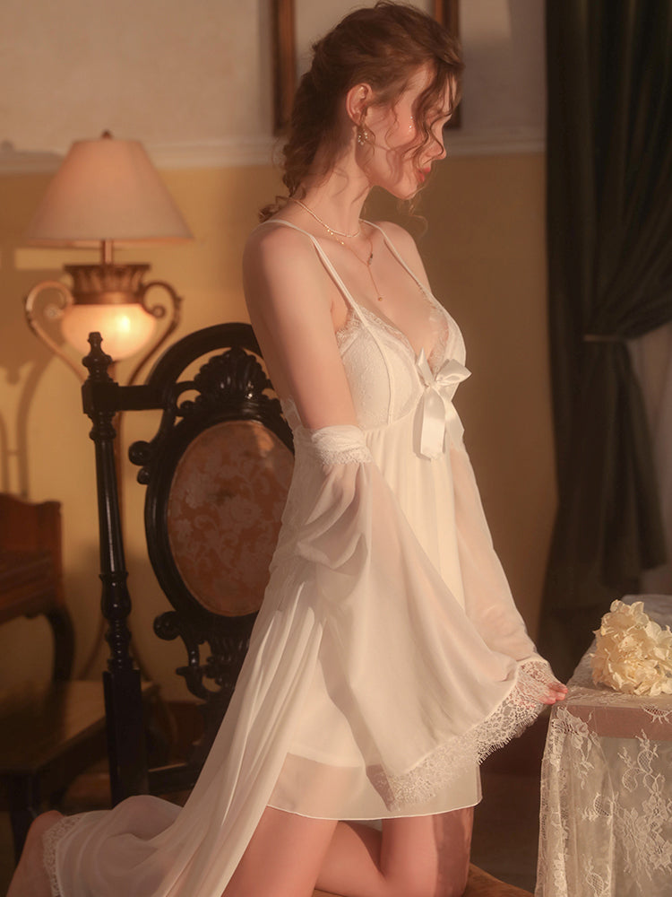 Elegant White Satin Nightgown with Lace Details