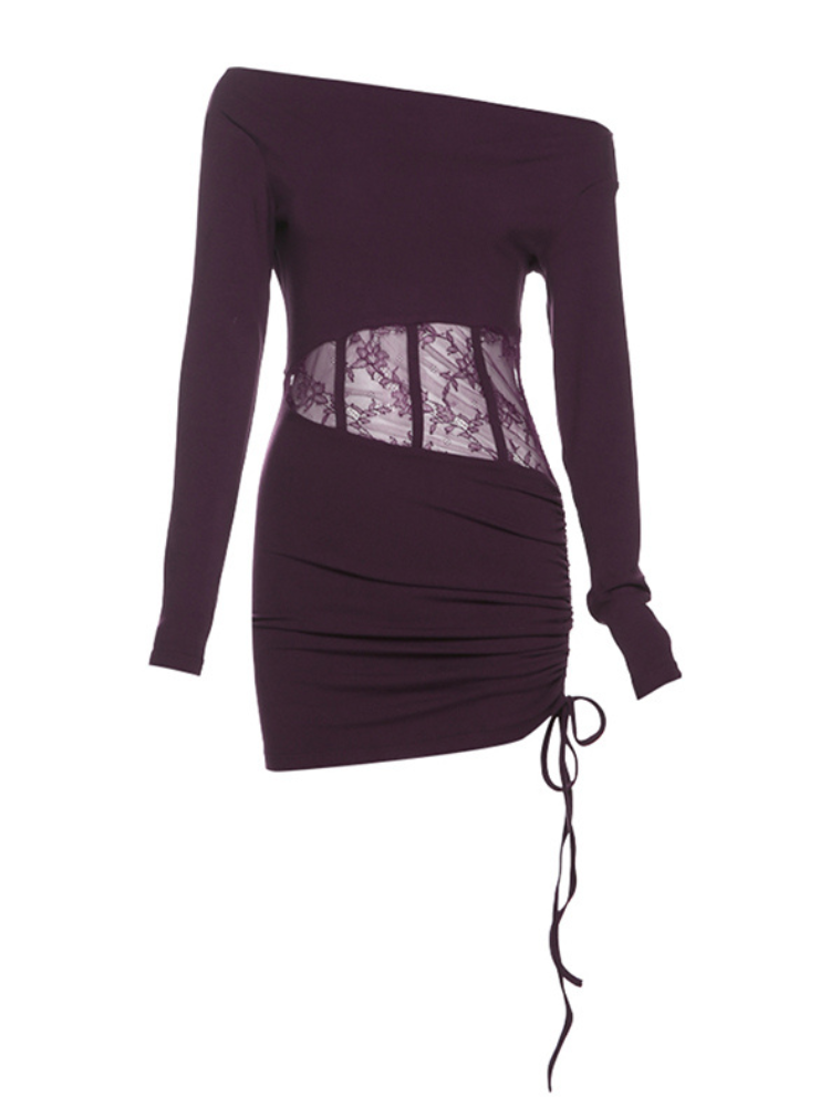 Front-facing off-shoulder purple mini dress with long sleeves and lace panel accent on the waist.