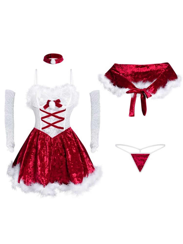 Red and white costume set with a dress, panties, headband, and gloves on a white background. Sexy Lingerie Christmas Velvet Lace Lingerie Set Santa Dress