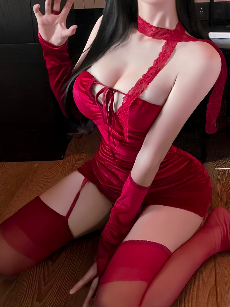 Asymmetric Halter Keyhole Ruched Mini Dress Set angled bust and neck strap detail
