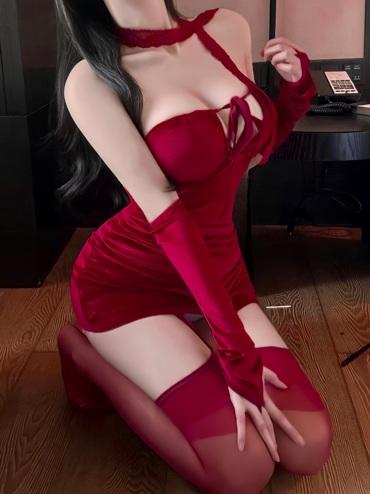 Asymmetric Halter Keyhole Ruched Mini Dress Set seated angled view showing skirt gathering