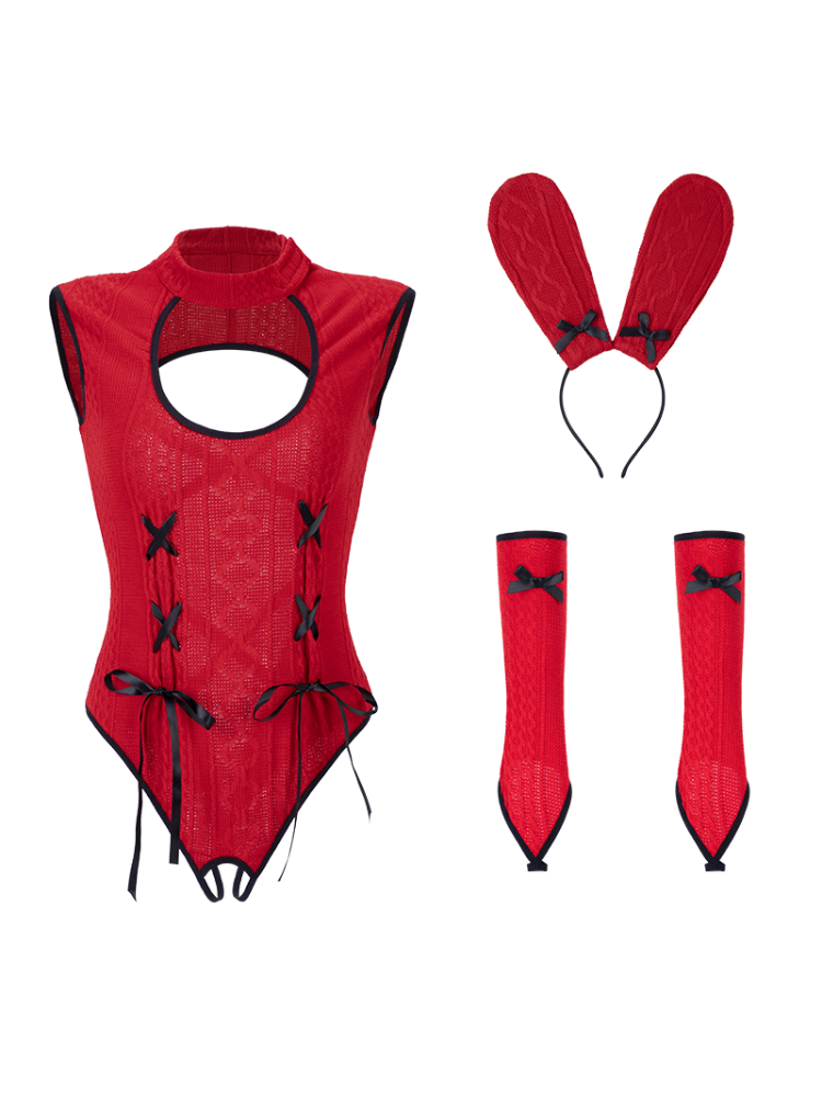 Red Bunny Costume Sexy One Piece Lingerie Bodysuit Set with a bodysuit, headband, and stockings on a white background