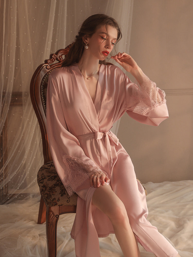 Elegant Lace-Trimmed Silk Robe