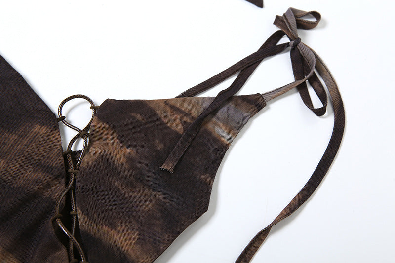 Brown Mesh Asymmetrical Corset Top Y2K Grunge Crop Shirt