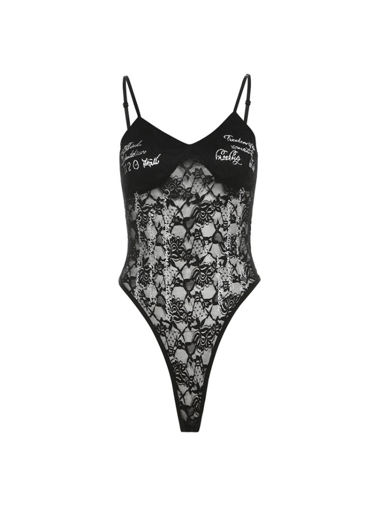 Black lace bodysuit with thin straps on a white background