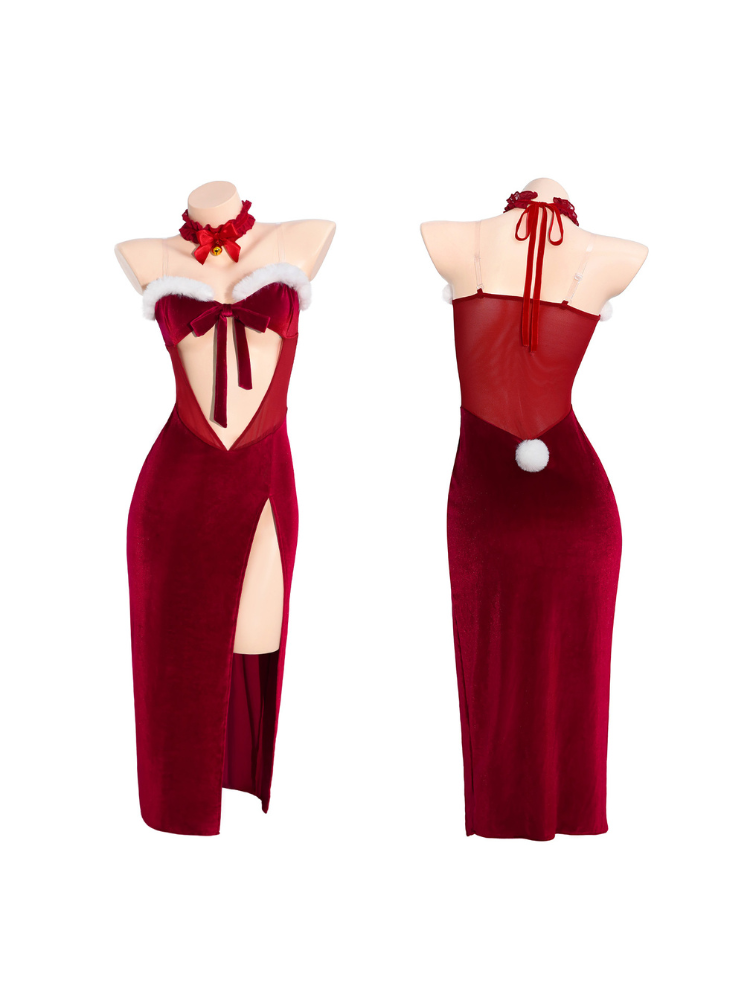 Red dress on a mannequin with a white background Red Velvet Christmas Dress Bunny Lingerie Set with Cutout Maxi Slip
