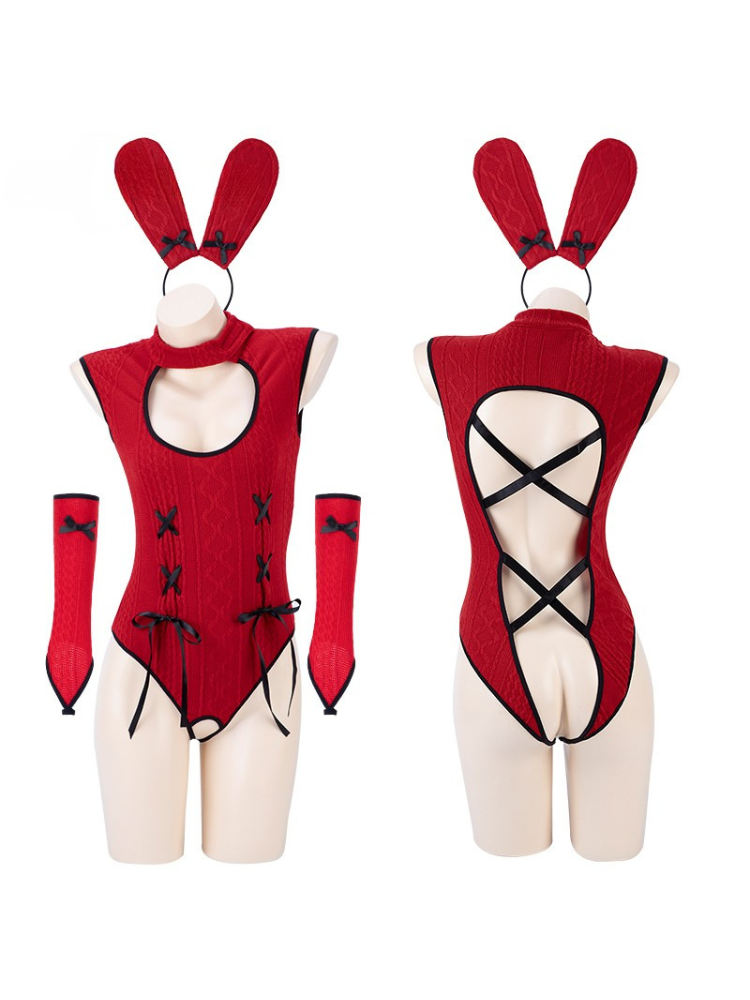 Red Bunny Costume Sexy One Piece Lingerie Bodysuit Set with black accents on mannequins against a white background