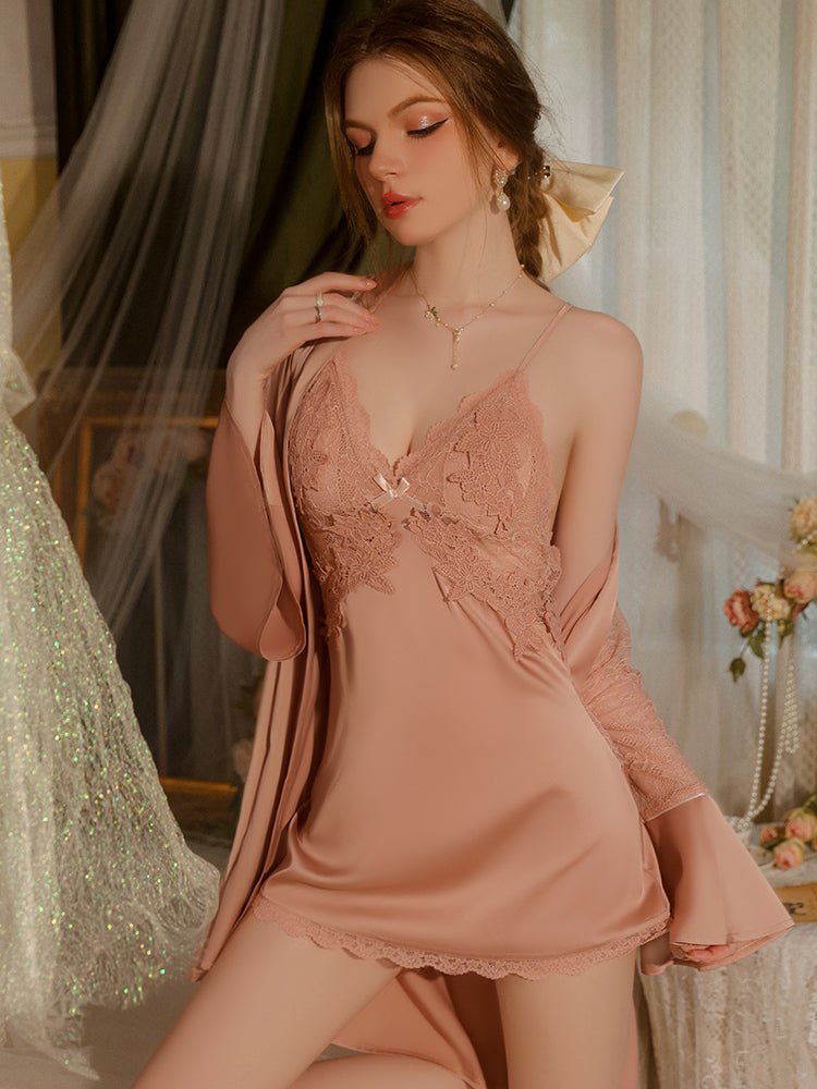 Silken Chemise with Embroidered Lace Slip Dress