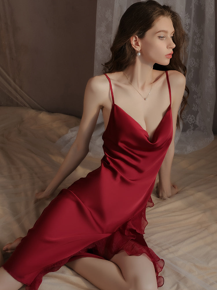 Feather Trim Satin Slip Dress