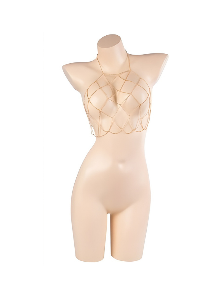 Mannequin wearing a beige lace bodysuit on a white background