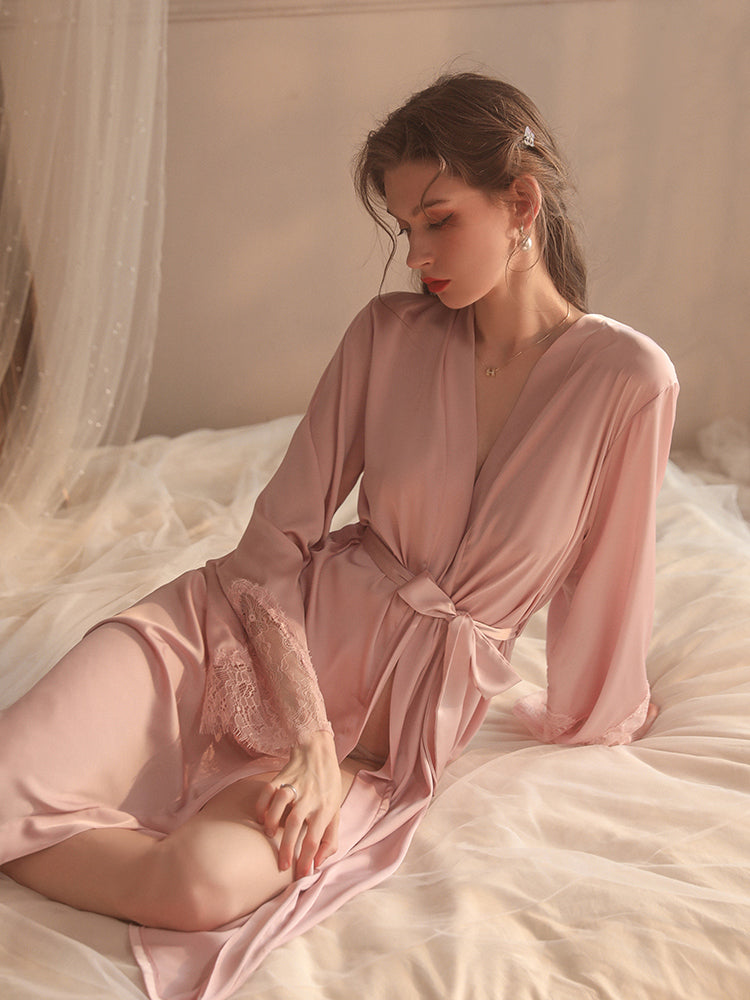 Elegant Lace-Trimmed Silk Robe