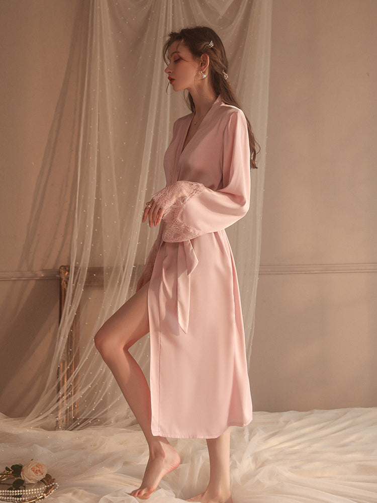 Elegant Lace-Trimmed Silk Robe