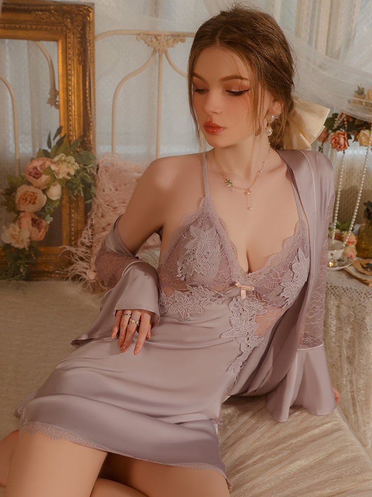 Silken Chemise with Embroidered Lace Slip Dress