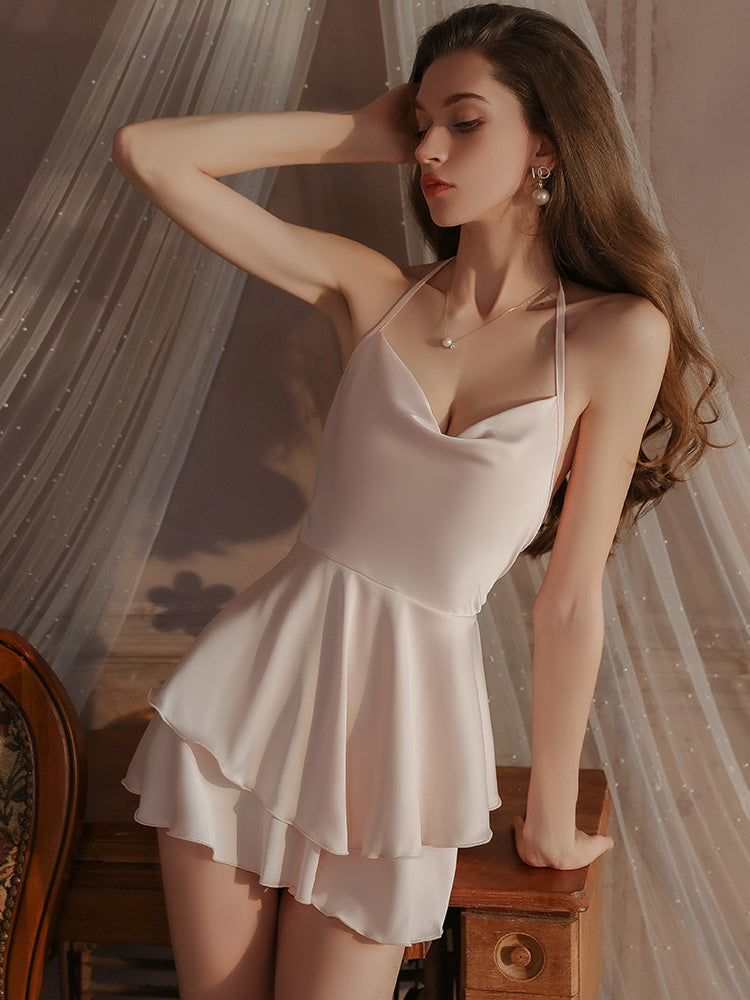 Ruffled Hem Cross Back Satin Slip Dress