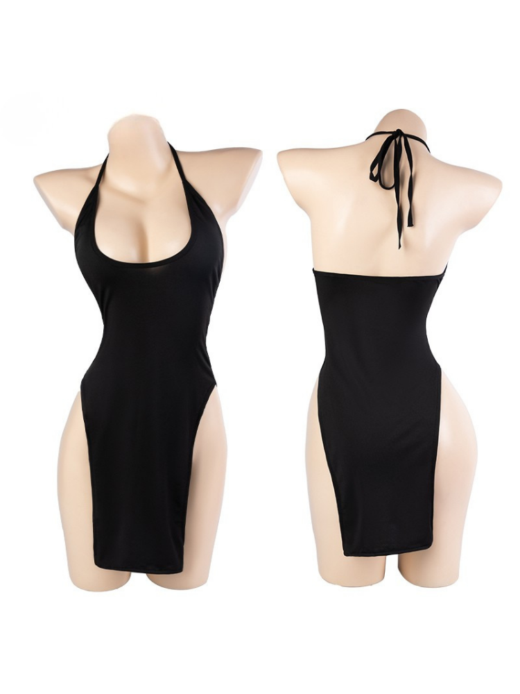 Black halter neck dress on mannequins against a white background