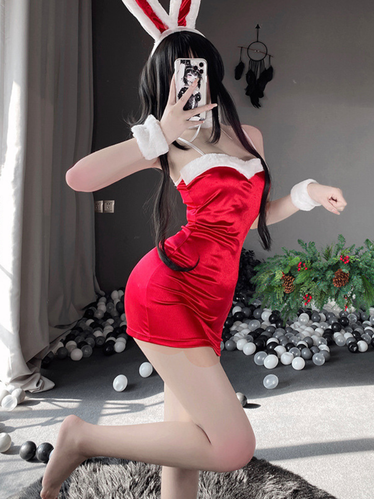 Santa bunny cosplay dress velvet ruched