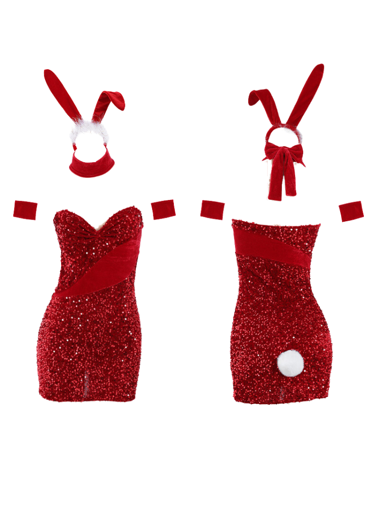 Red Festival Glitter Mini Dress with halter neck and playful bunny inspired details