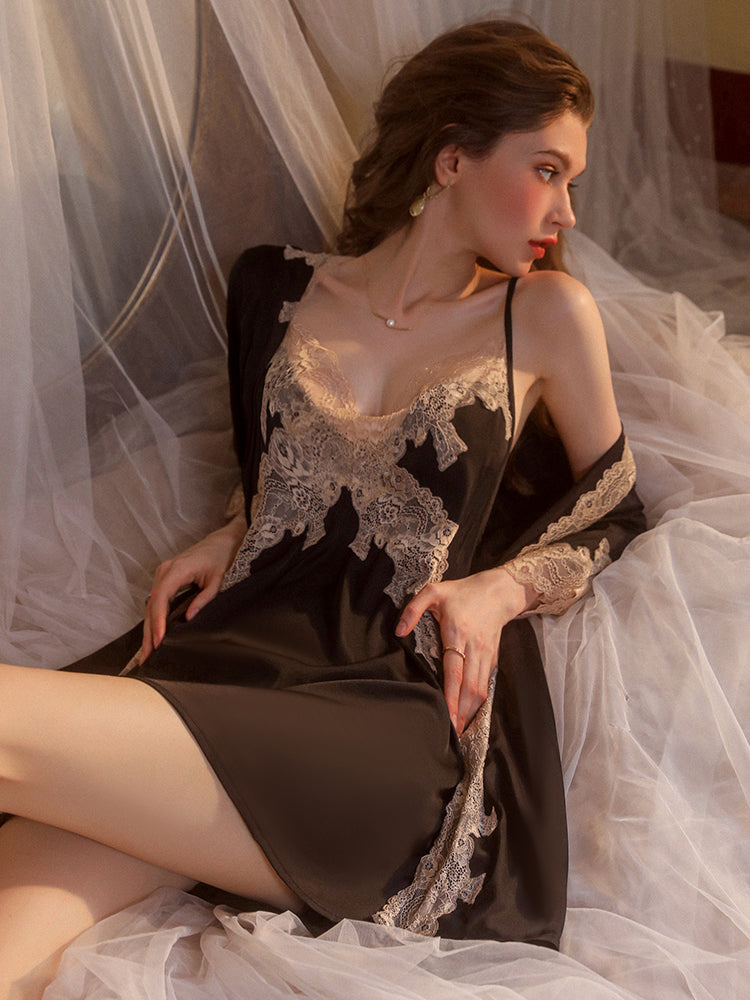 Decadent Nights Silk Chemise with Exquisite Lace Slip