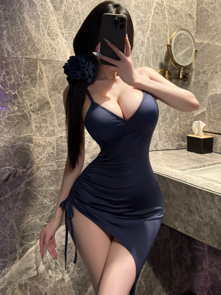 Person wearing a Asymmetrical Ruched Satin Slip Dress Navy Blue Mini Dress in a bathroom setting