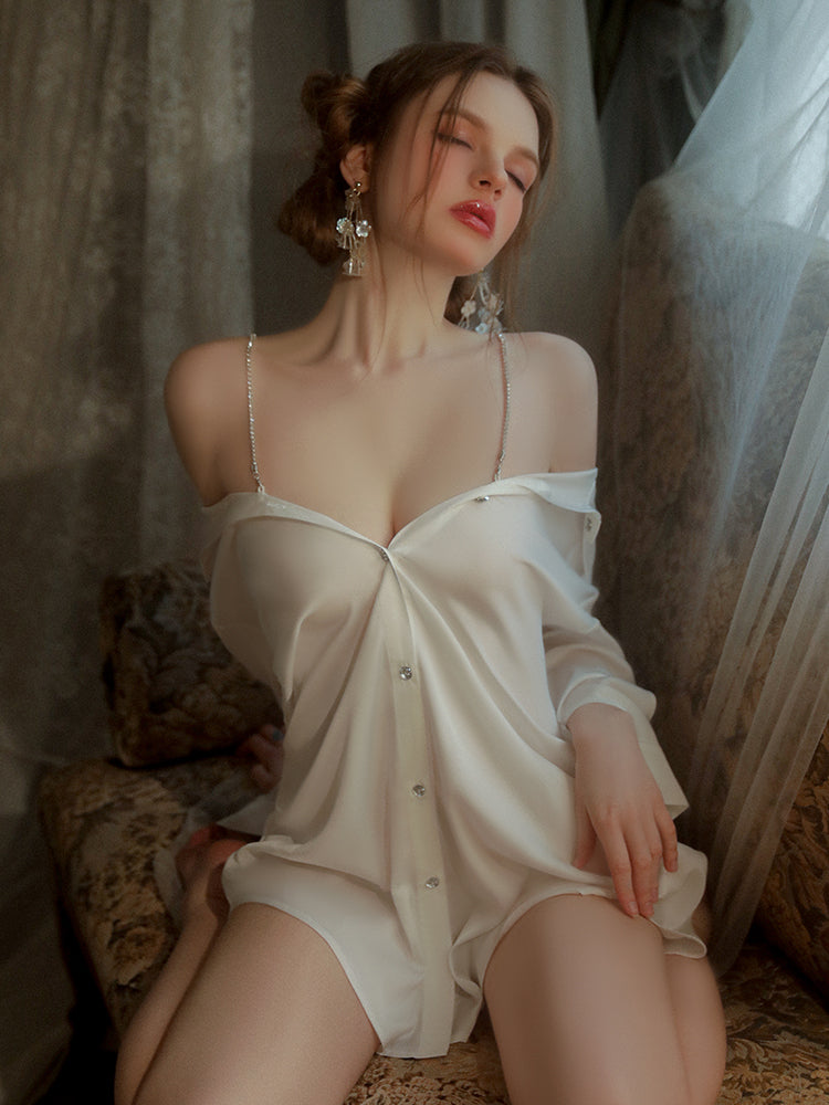 Ethereal Draped Satin Nightgown with Button-Down Over-sized Shirt