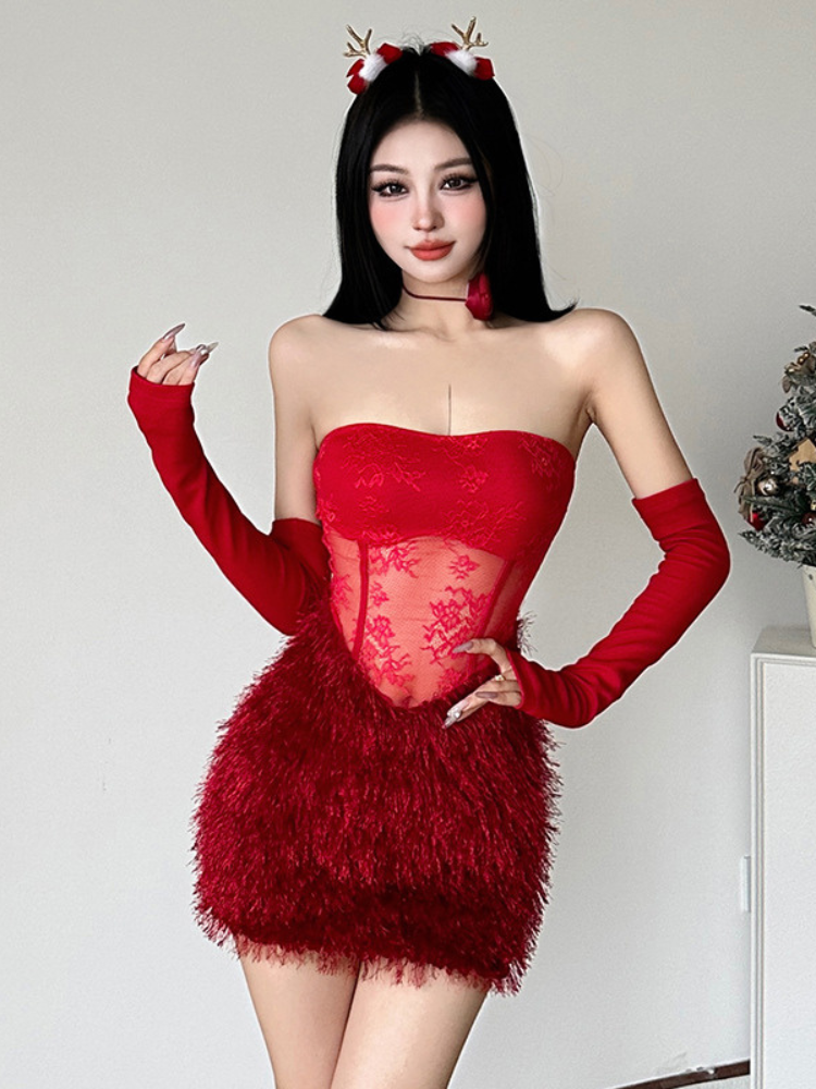 Model wearing a strapless mini dress with a lace bodice and feather trimmed hemline, paired with matching gloves