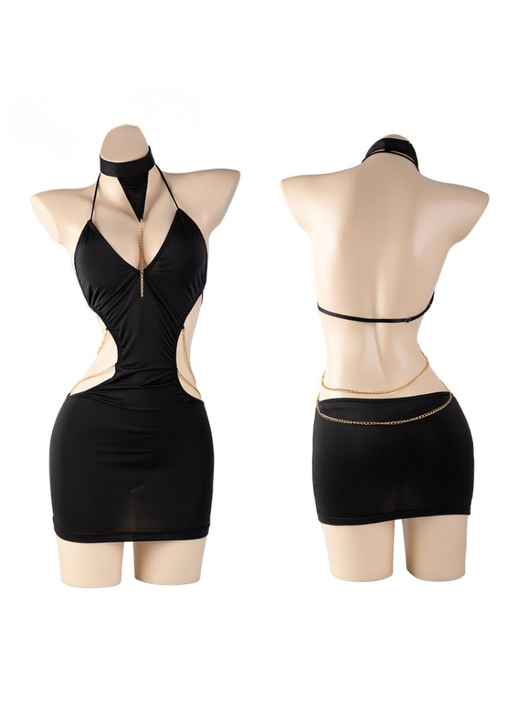 Cut Out Halter Black Mini Dress Sexy Bodycon Lingerie One Piece on a mannequin with front and back views on a white background