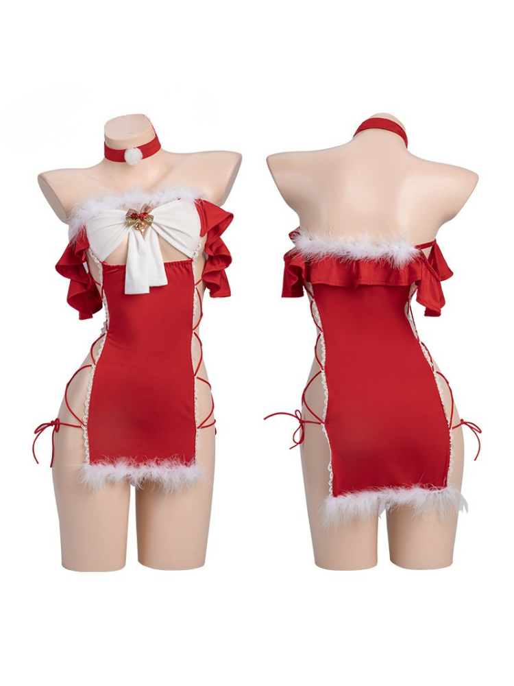 Red Christmas Dress Lace Lingerie Set Sexy Santa Bodycon Mini Dress on mannequins against a white background