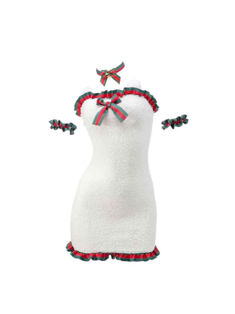 Sexy fluffy festive teddy dress with bow accent, plush texture, and holiday ruffle trim