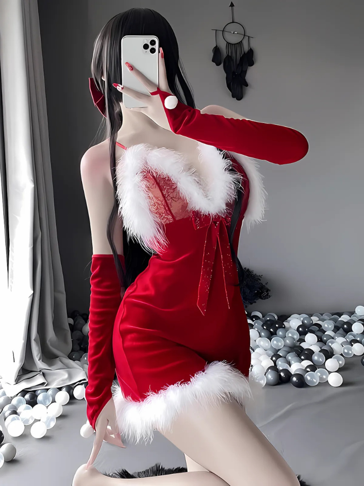 Sexy Christmas costume with red velvet and white fur trim