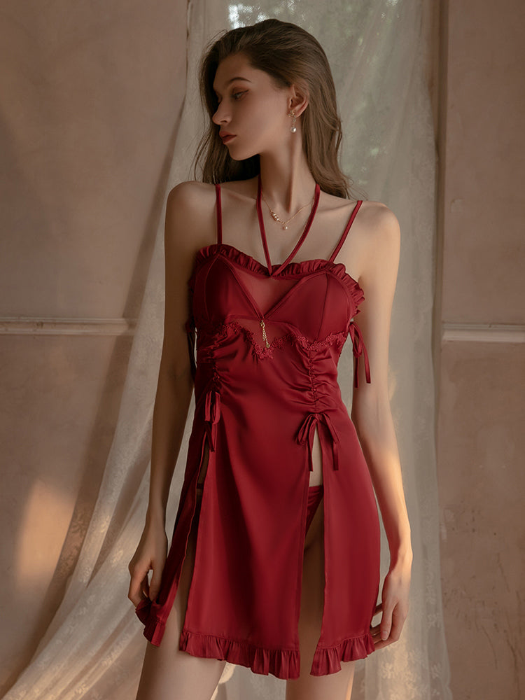 Robe nuisette mini fendue en satin élégante