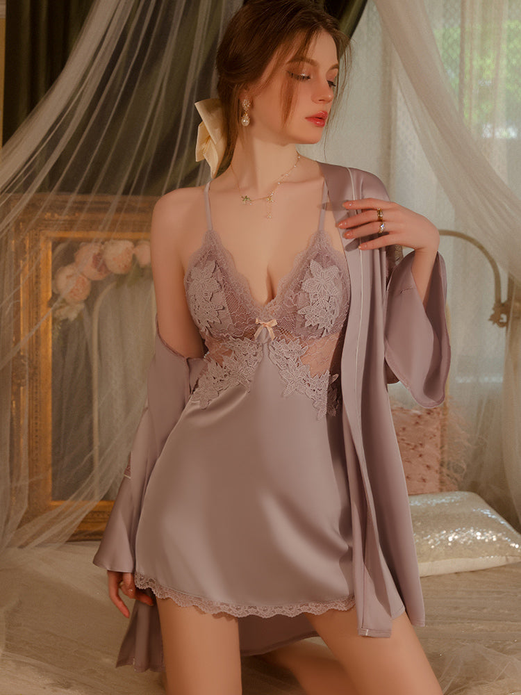 Silken Chemise with Embroidered Lace Slip Dress