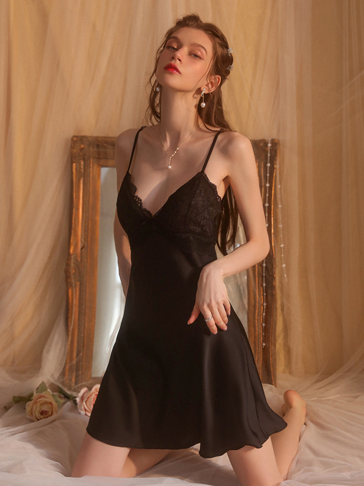 Classic Elegance Satin Chemise with Lace-Trim Midi Slip