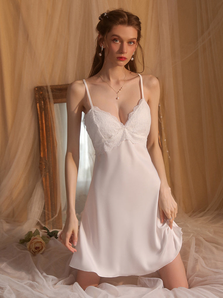 Classic Elegance Satin Chemise with Lace-Trim Midi Slip