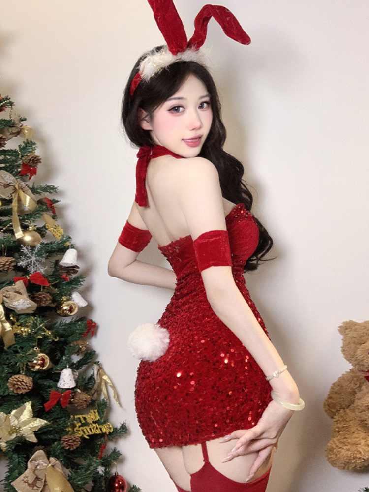 Back view of Red Festival Glitter Mini Dress featuring open back and bunny tail detail