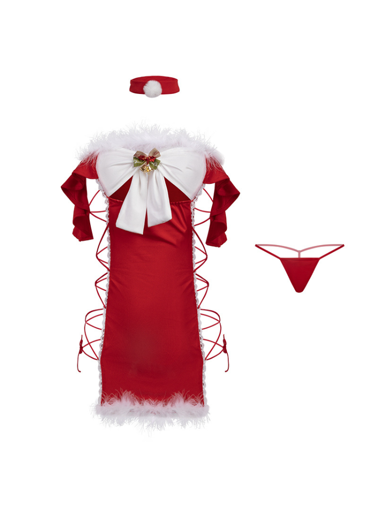 Red Christmas Dress Lace Lingerie Set Sexy Santa Bodycon Mini Dress on a white background