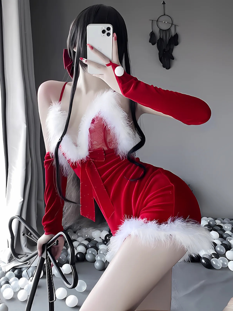 Red velvet sexy Christmas outfit with fur trim and bow, festive holiday costume