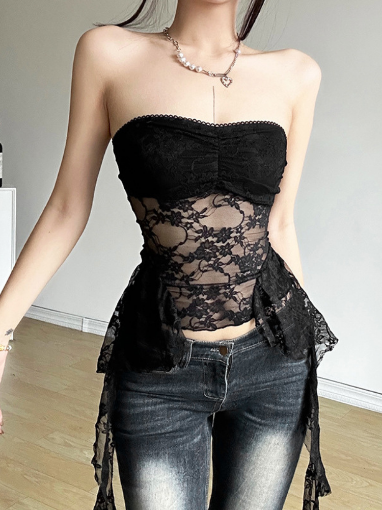 Person wearing a black Strapless Lace Mesh Tube Top