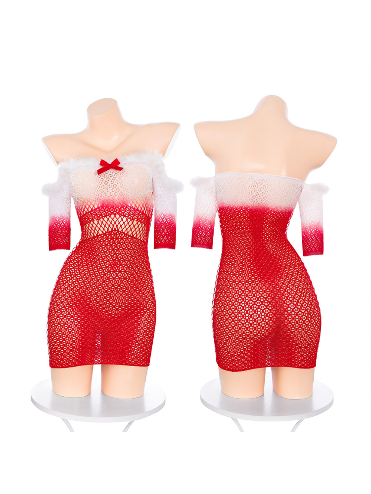 Two mannequins wearing red and white gradient dresses on a white background Red White Gradient Mesh Off Shoulder Sexy Mini Dress