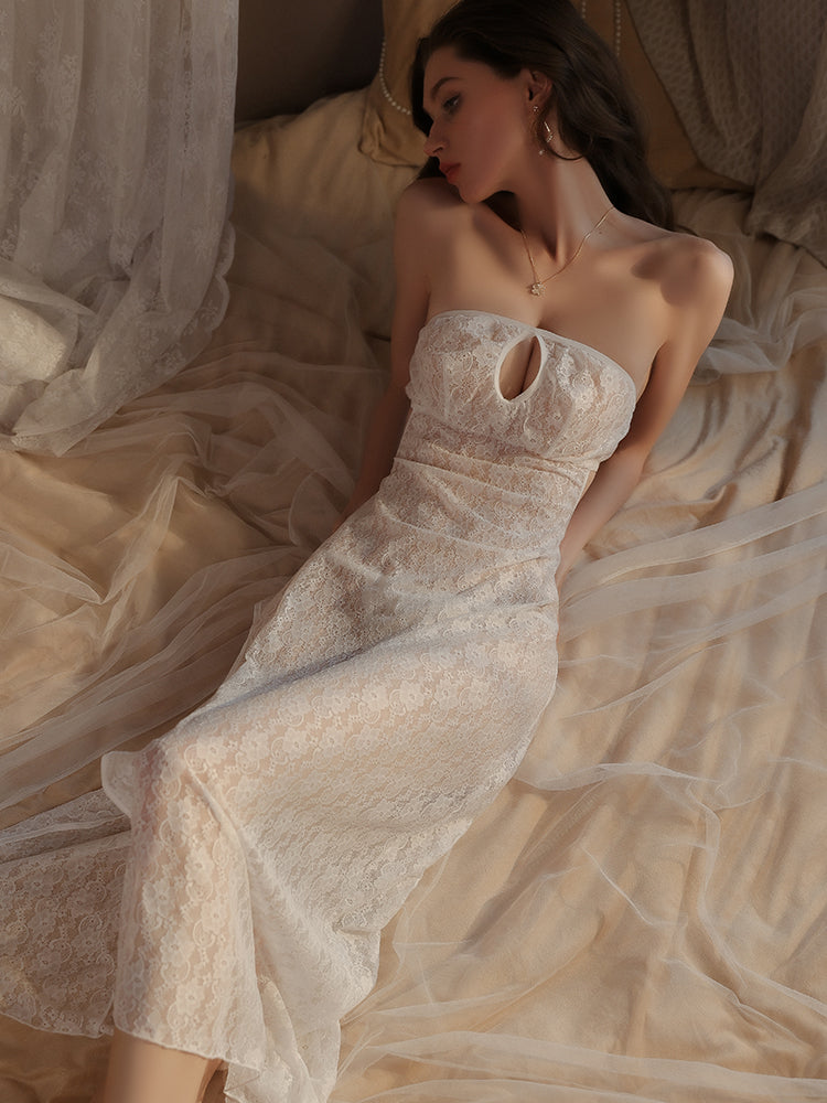 Strapless Lace Keyhole Gown