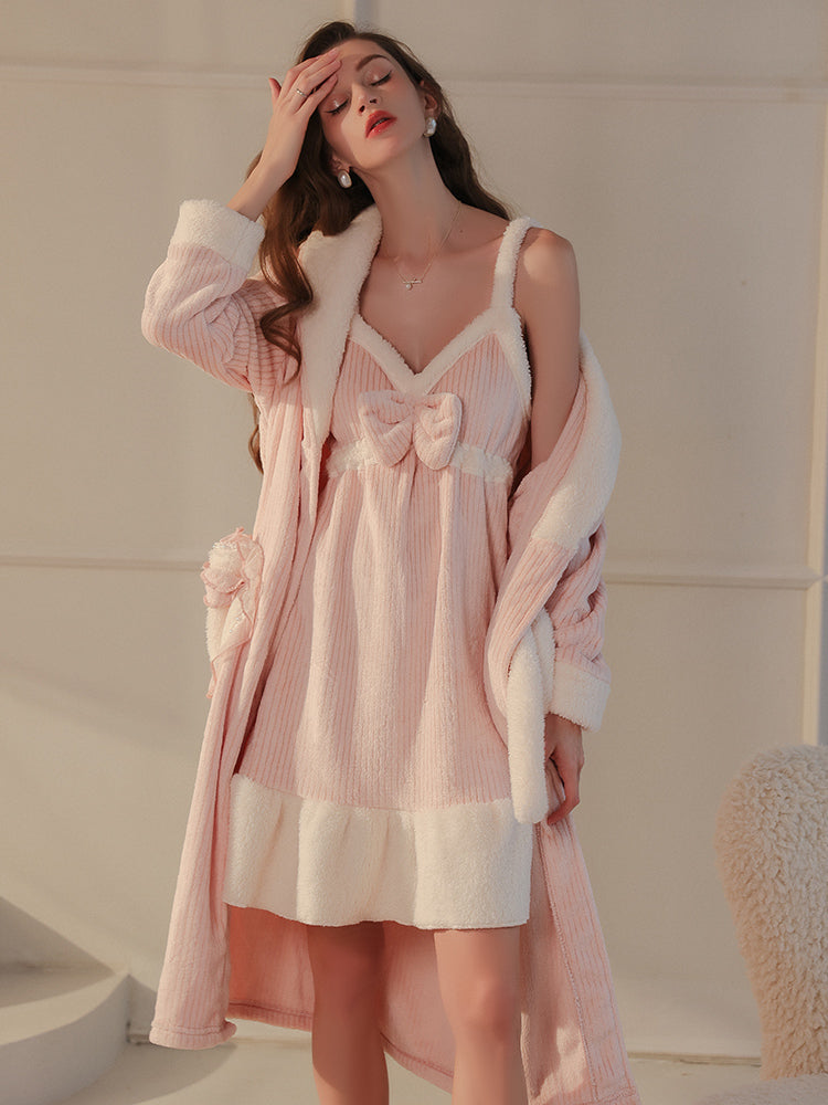 Plush Textured Robe Set with Bow Pocket Details in pink, featuring a ribbed robe with sherpa trim and tie waist, modeled indoors for a cozy loungewear look.