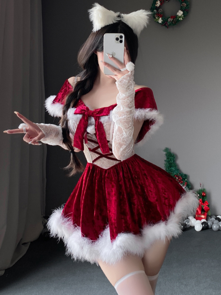 Person wearing a red and white costume with fur trim, taking a mirror selfie. Sexy Lingerie Christmas Velvet Lace Lingerie Set Santa Dress