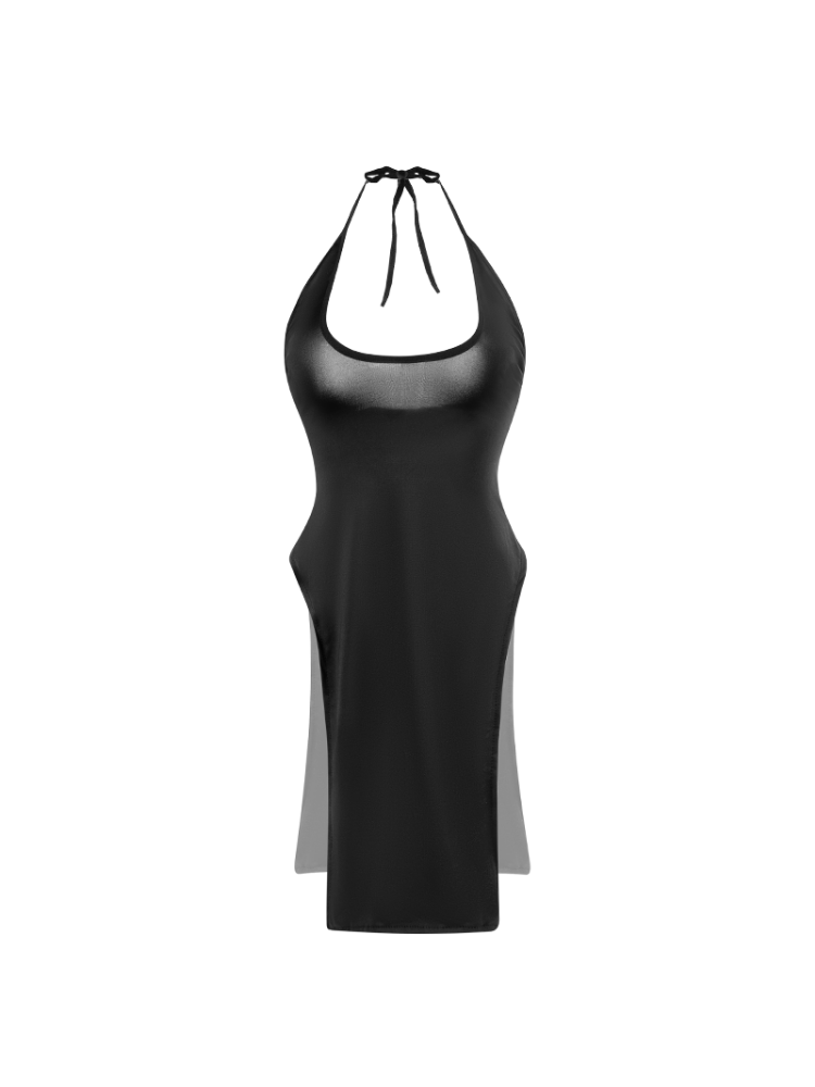 Black halter neck dress with sheer panels on a white background
