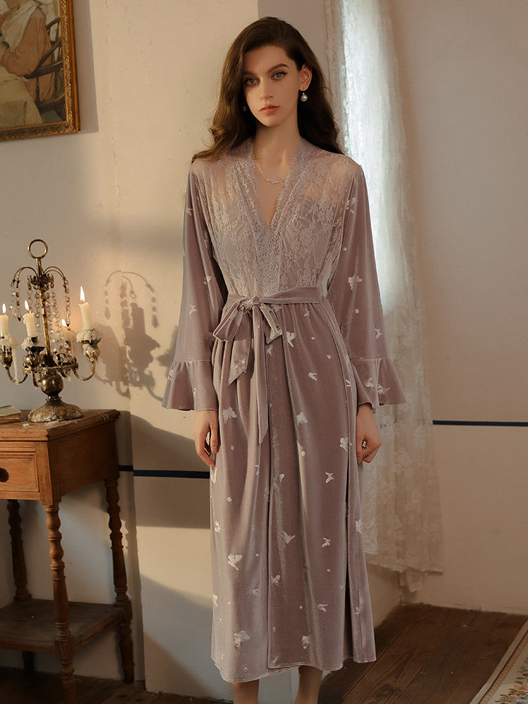 Full view of a lavender butterfly robe styled with tie-waist design