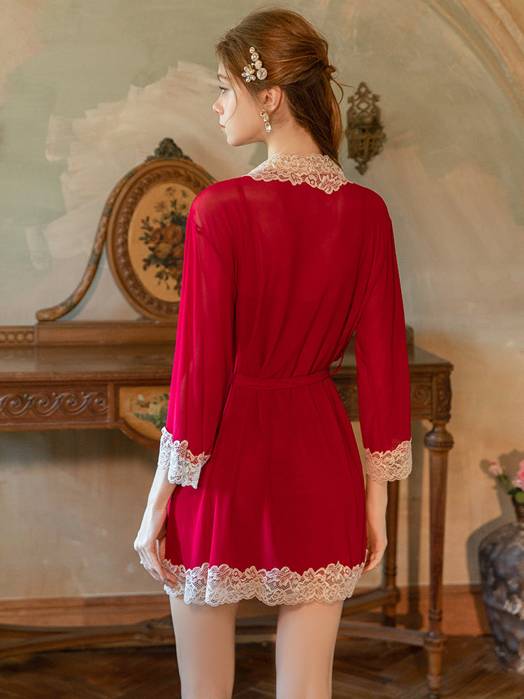 Woman wearing a red Ruched Lace Sheer Babydoll Nightgown in an elegant room.