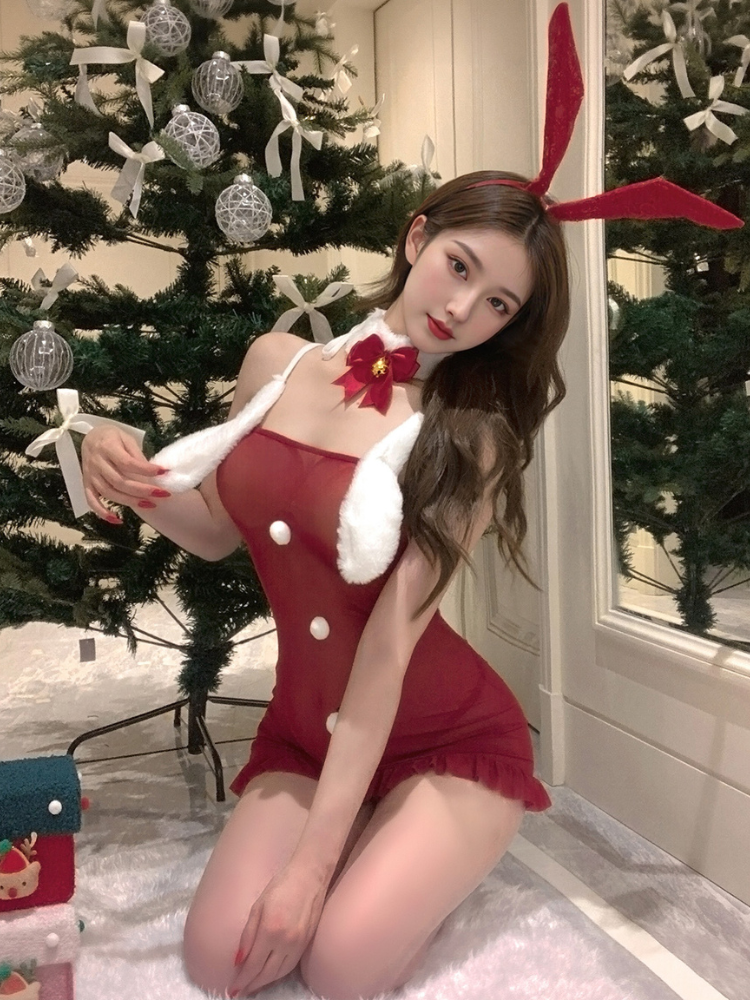 Santa Bunny Mesh Babydoll Christmas Lingerie