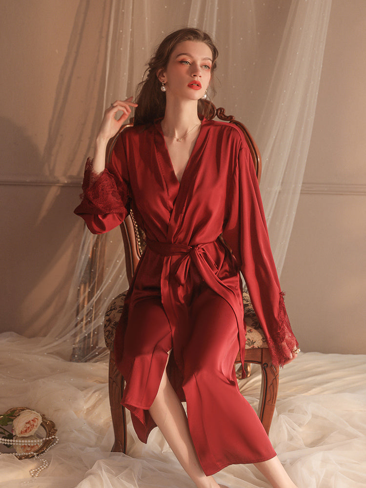 Elegant Lace-Trimmed Silk Robe