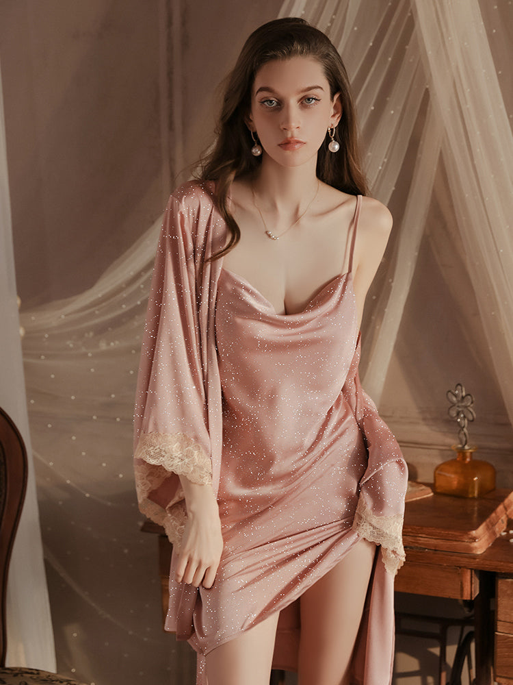 Glitter Satin Cowl Neck Slip Dress