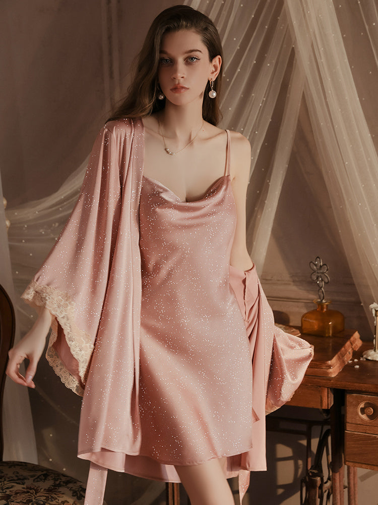 Glitter Satin Cowl Neck Slip Dress