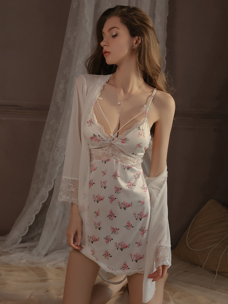 Front pose of a white Floral Lace Trim Chemise styled with a sheer matching robe, emphasizing the pink floral print, lace details, and soft, breathable fabric.