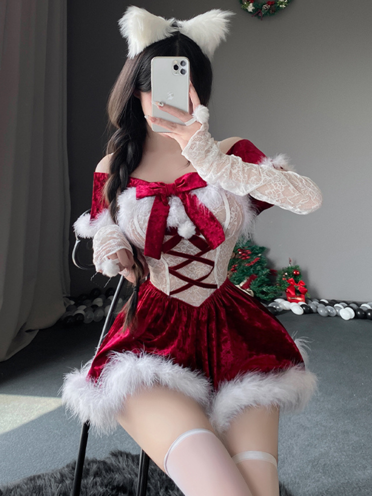 Person wearing a red and white costume with a bow, sitting on a chair. Sexy Lingerie Christmas Velvet Lace Lingerie Set Santa Dress